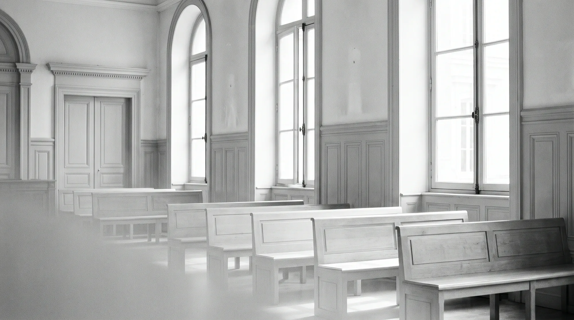 Les bancs vides d'une salle d'audience, en plein jour