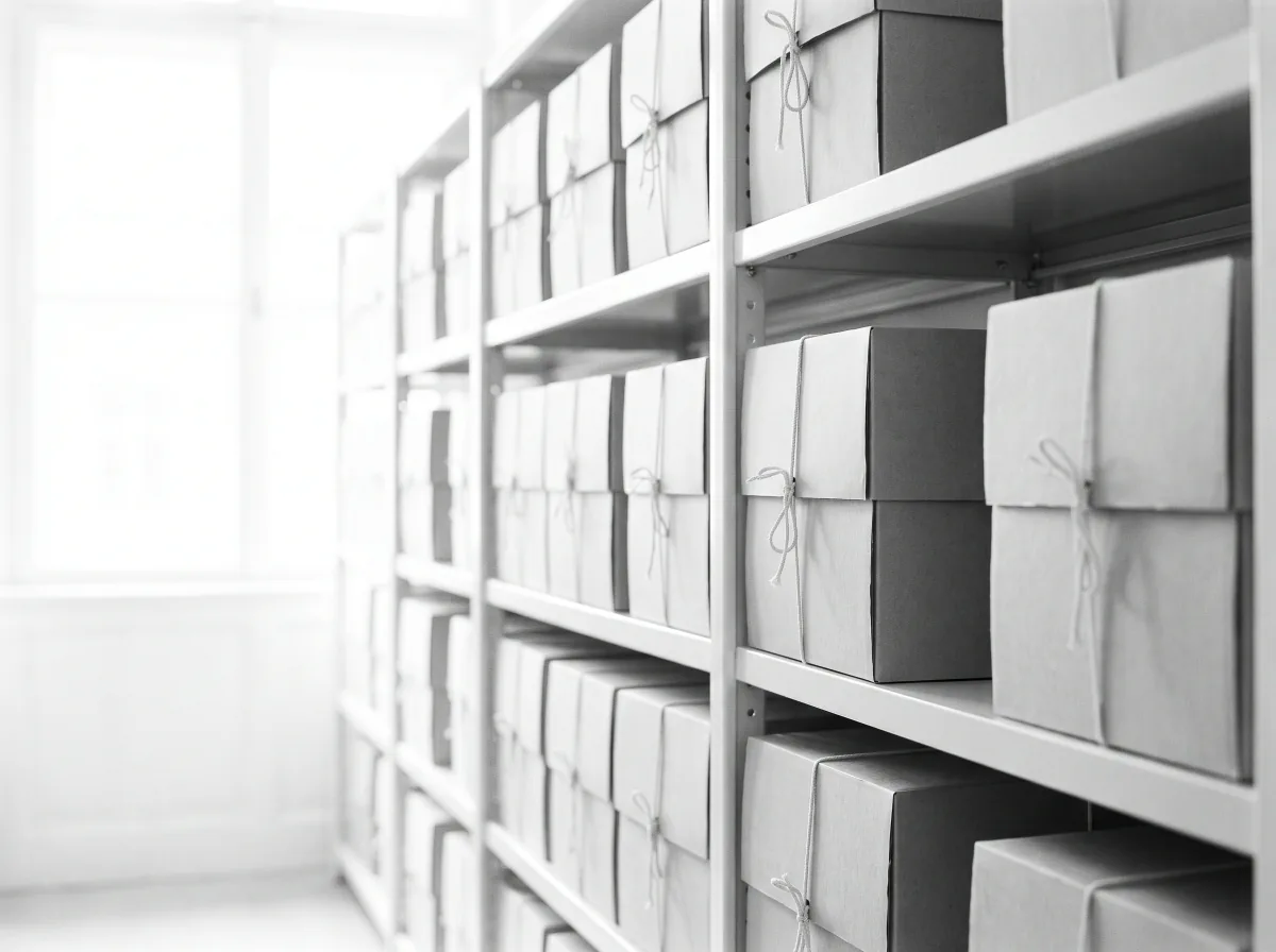 Des boîtes d'archives judiciaires sur leurs rayonnages